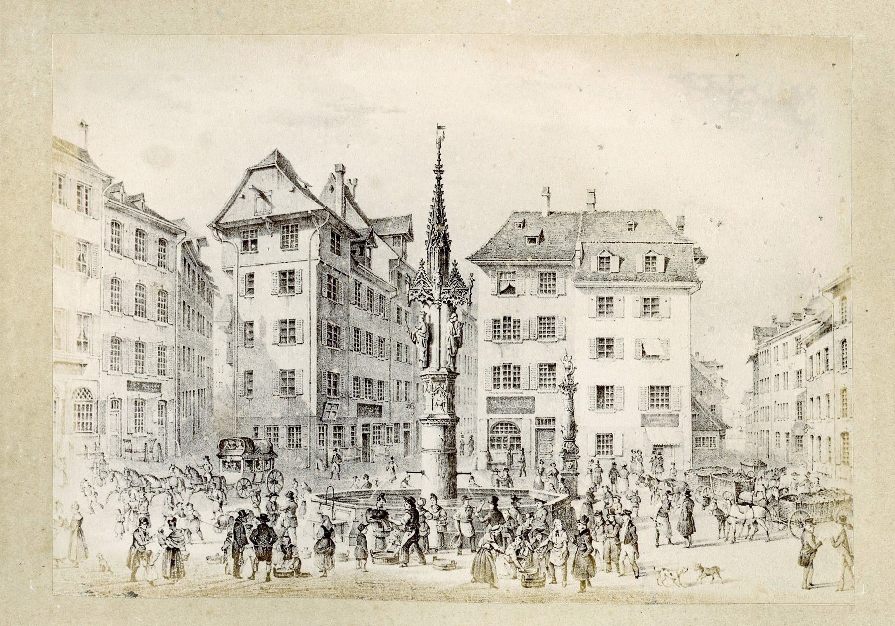 Historisches Basel Fischmarkt belebte Szene am Brunnen