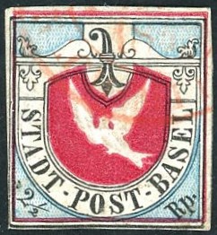 Basler Taube SBK Nr. 8, gut gerandet, entwertet mit Zweikreisstempel von Basel