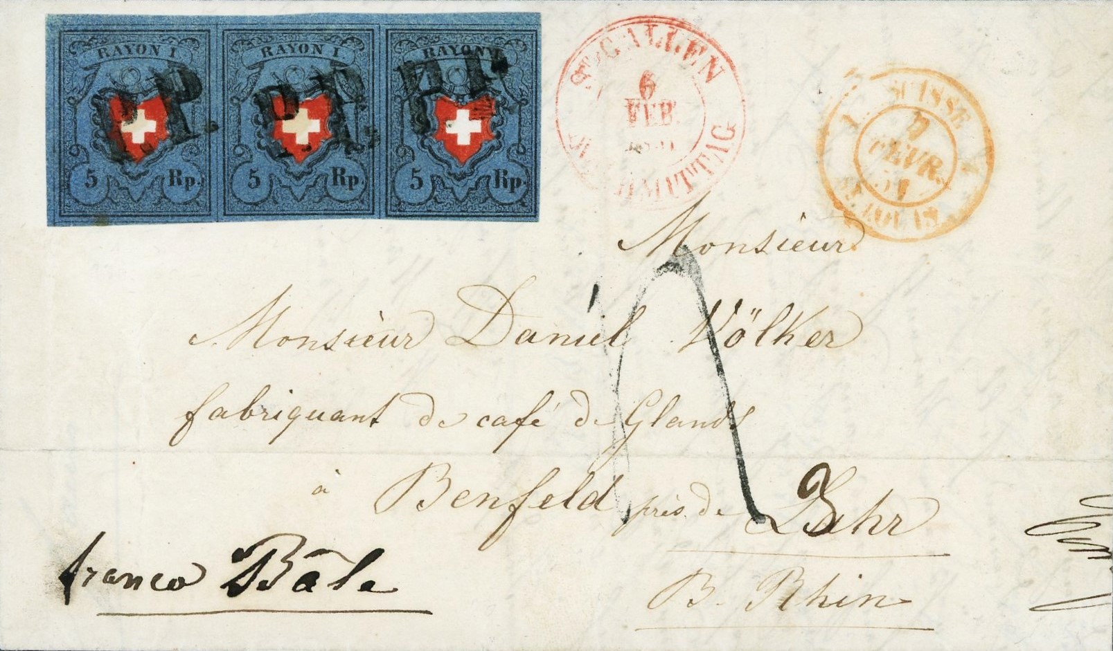 Rayon I, 5 Rp. dunkelblau im Dreierstreifen als 15 Rp. Frankatur von St. Gallen nach Benfeld (Frankreich).