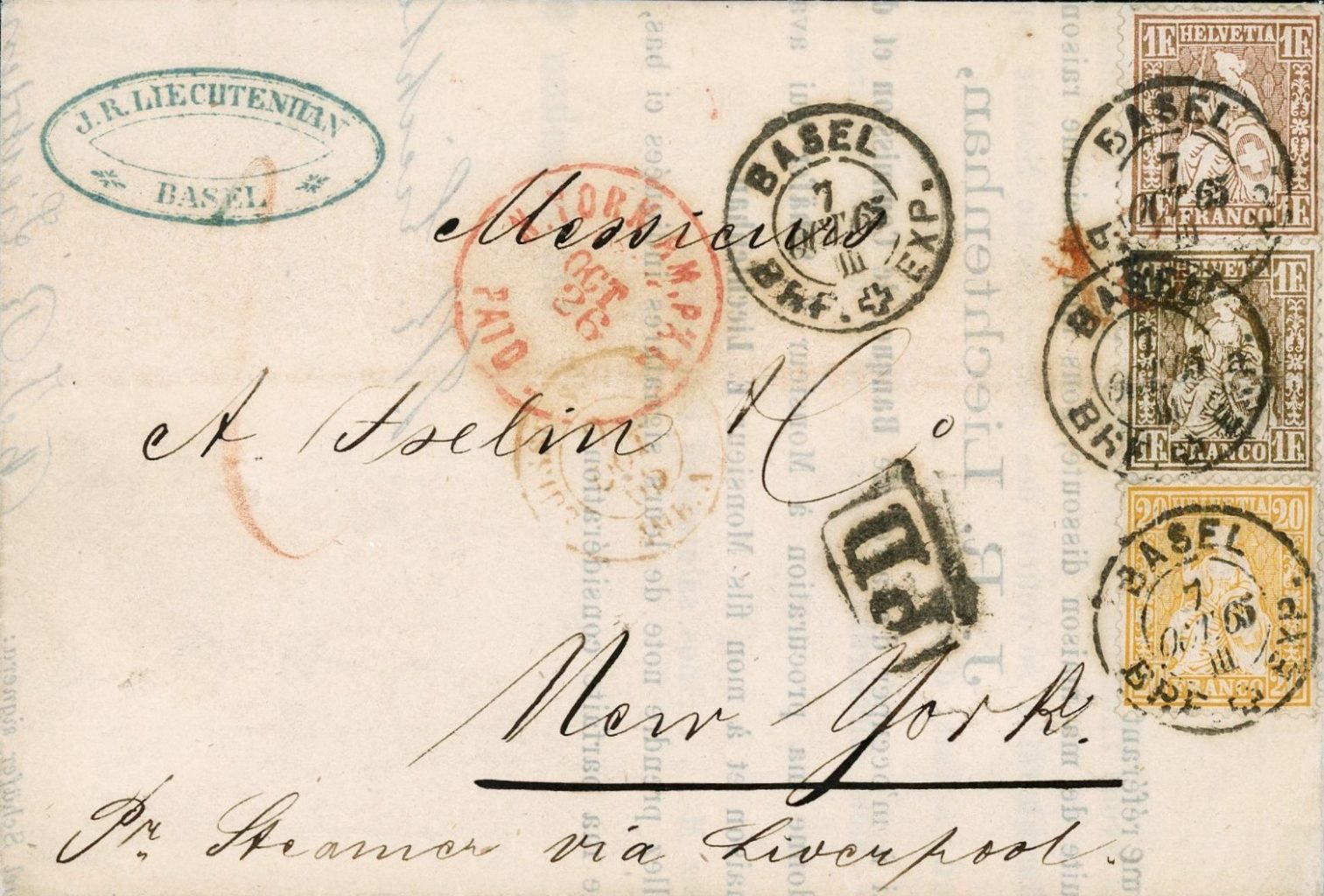 1865: Frankatur mit 1 Fr. goldbronze rötlich und 1 Fr. goldbronze gelblich, zusammen mit 20 Rp. orange