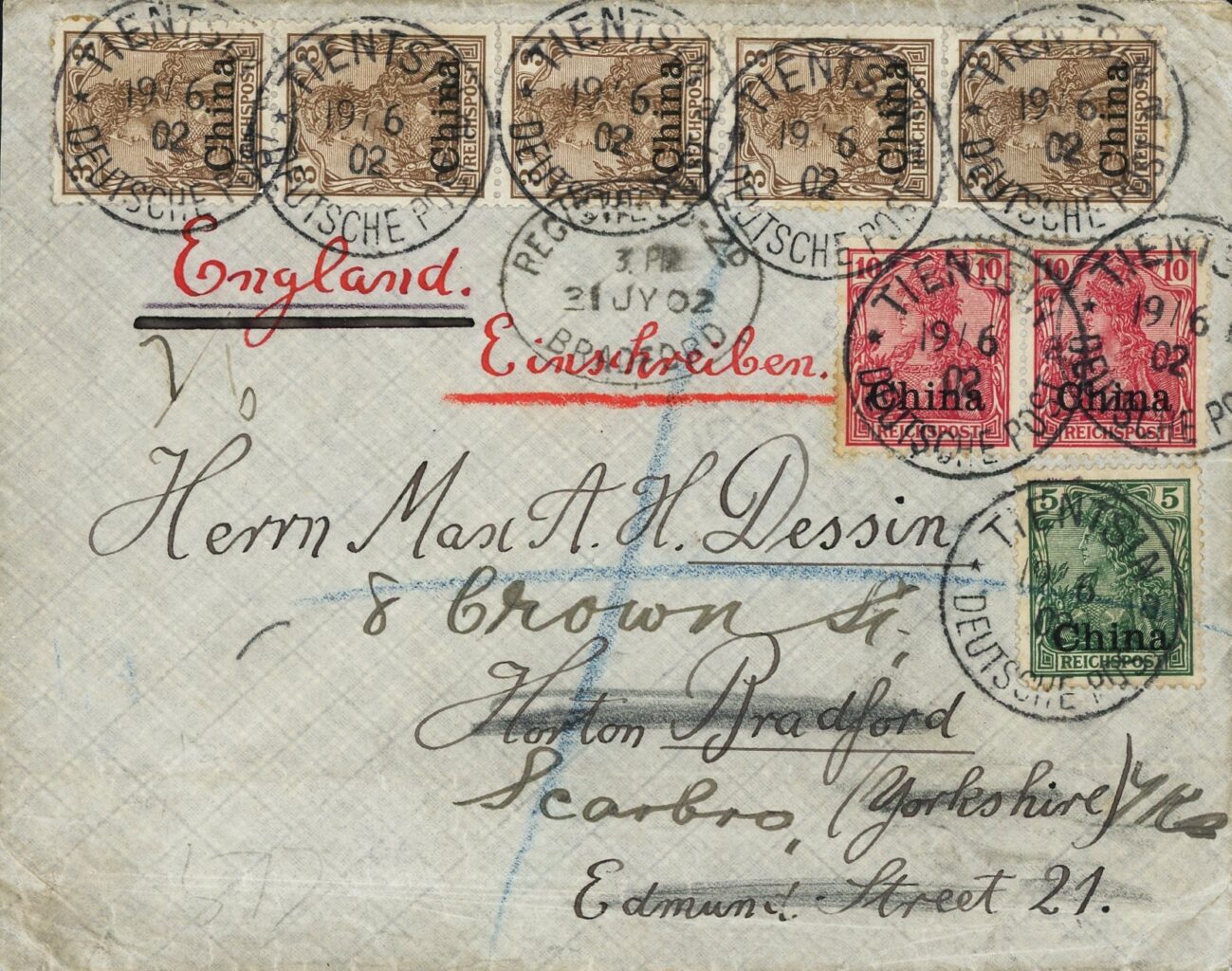 1902, Deutsche Post in China, R-Brief nach England