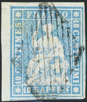 10 Rp. lebhaftpreussischblau, dünnes Zürcher Papier, SH Nr. 23B3mm