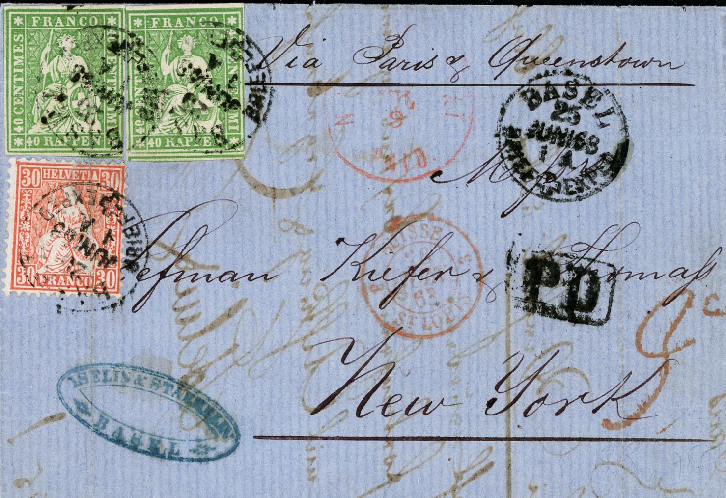Seltene Misch-Frankatur Strubeli/sitz. Helv. gezähnt: Juni 1863: 40 Rp. Strubeli, 2x auf Brief mit sitz. Helv. 30 Rp. zinnober