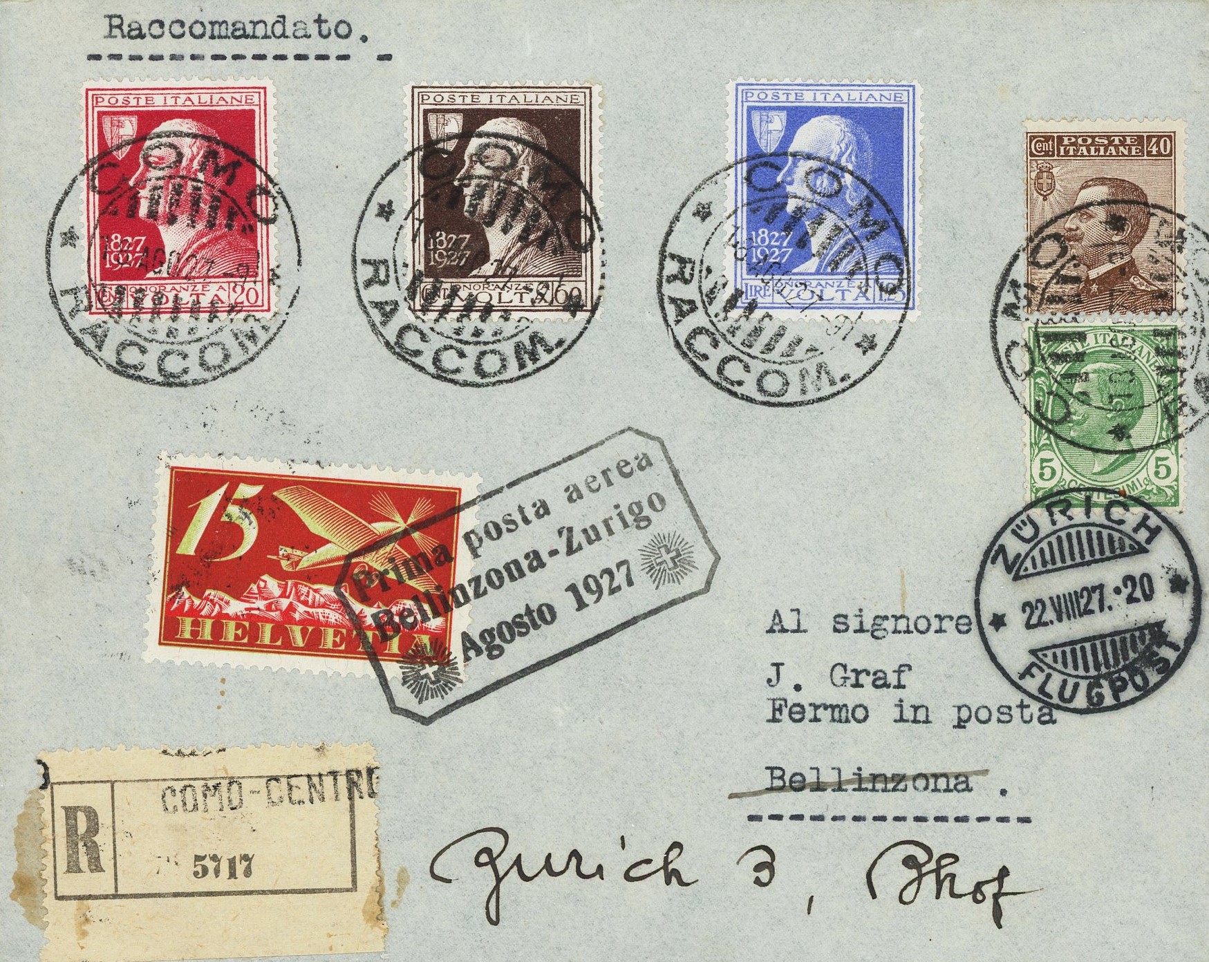 August 1927: Bellinzona-Zürich, R-Brief aus Como; Mischfrankatur I/CH, Kat LPH: 3000.-