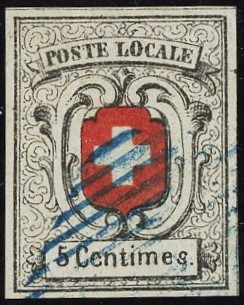 Genf 1851: 5 C. schwarz/rot, sogenannte Neuenburg