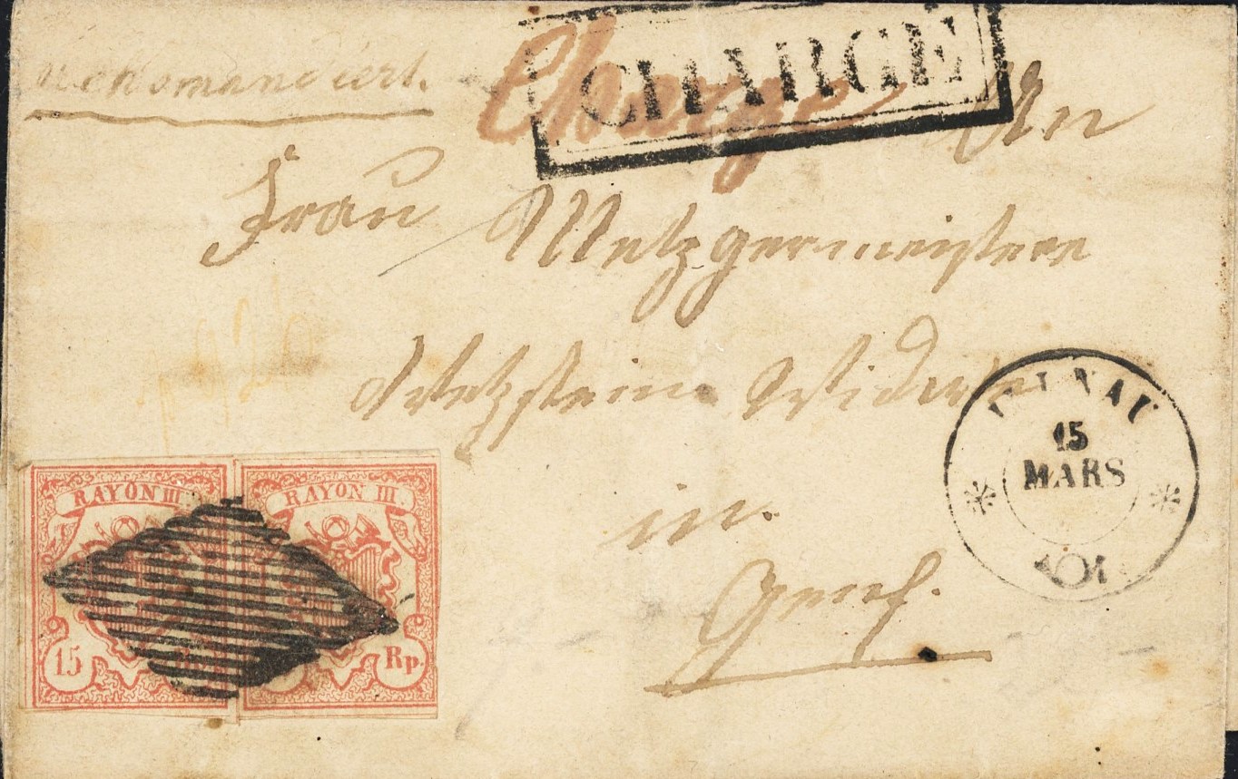 1853: Paar Rayon III (Type 2 ML/I und Type 1 ML/II) auf R-Brief von Illnau nach Genf