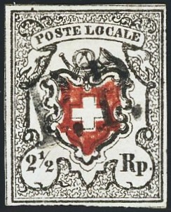 1850: 2½ Rp. tiefschwarz, Poste Locale mit KE, Type 27, entwertet mit P.P. aus VIII. PK; sauber gerandet und in einwandfreier Erhaltung, Attest Berra.