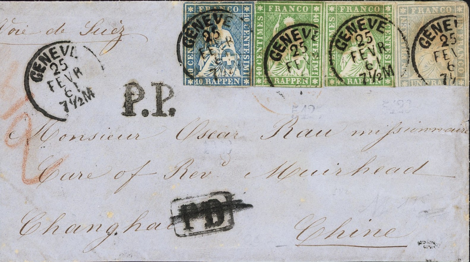 1861: Strubel Dreifarbenfrankatur an die seltene Destination Schanghai, China; doppelt gewichtiger Missionarsbrief mit 1 Fr. blaugrau, 10 Rp. preussischblau und 2x 40 Rp. grün als portogerechte 190 Rp. Frankatur von Genf unter franz. Leitung via Marseille, Suez, Hongkong bis Schanghai; Marken unten angeschnitten, perfekt entwertet GENÈVE FEVR. 61, rücks. Transit-Stempel; seltene Frankatur, Attest Hermann.