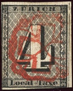 Zürich 1843: 4 Rp. schwarz mit deutlichen roten senkrechten Untergrundlinien, Type V, gestempelt mit Zürcher Rosette; zwei Seiten breitrandig, links unten leicht angeschnitten; das Attest Marchand beschreibt zudem eine punkthelle Stelle, ansonsten farbfrisch und einwandfrei, Altsignatur Fulpius; Kat: 24‘000.-