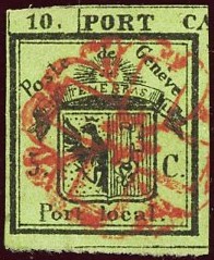 1843: 5 C. Halbe Doppelgenf, linke Hälfte, sauber entwertet mit roter Genfer Rosette, farbfrisch und sauber; nur oben über der 10 fehlt die Einfassungslinie; Attest Fulpius, Kat: 10‘000.-