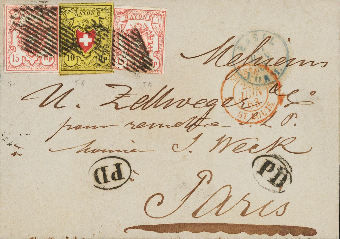 Buntfrankatur 10 Rp. gelb, Type 8, E/LO und zwei Werte Rayon III, Type 1 OR II und Type 2 OR I; entwertet mit eidg. Rauten, rechts blauer K1 BASEL 27 JUIN 53, darunter zwei PD im Oval und roter Cachet d‘entrée; die rechte Rayon III ist unten angeschnitten, sonst alle Marken voll- bis überrandig; eine farbfrische Ausland-Frankatur von Basel nach Paris in guter Erhaltung, leicht überfrankiert: in der Monographie von G. Blaickner noch nicht aufgeführt, sign. Berra, Atteste Berra und Hermann: Kat: 3000.-