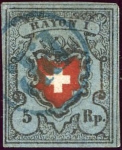 Rayon I, Type 21, gräulichdunkelblau, sauber entwertet mit blauem P.P. im Kreis vom IV. PK (AW 12B/61); breitrandig und in guter Erhaltung, Attest Marchand.
