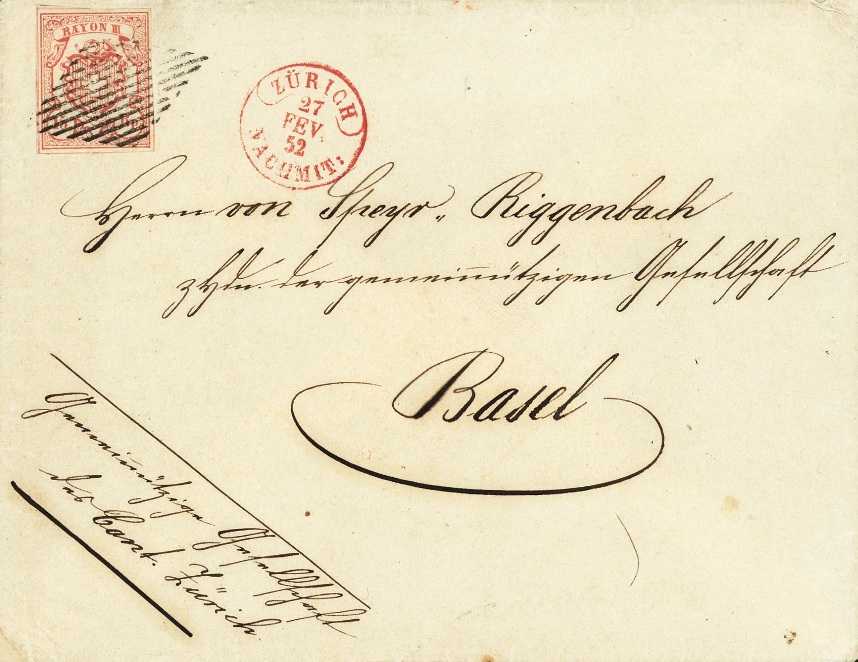 1852: 15 Rp. ziegelrot, Rayon III m. kleiner Ziffer, Type 3 OM I; sauber auf Briefumschlag nach Basel, entwertet mit eidg. Raute, daneben Datumstempel Zürich 27. Feb. 52; Marke vollrandig, Brief an den Ecken bestossen; optisch attraktiver Beleg in guter Erhaltung, Attest Huzanic.