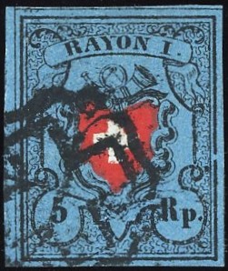 5 Rp. dunkelblau, Type 25, breitrandig mit Bogenrand links; klar entwertet mit Zürcher Rosette, tadellose Erhaltung; sign. Zumstein und Moser, Befund Rellstab.