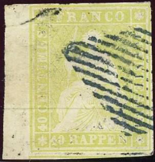 Zürich 1843: 4 Rp. schwarz mit deutlichen roten senkrechten Untergrundlinien, Type V, gestempelt mit Zürcher Rosette; zwei Seiten breitrandig, links unten leicht angeschnitten; das Attest Marchand beschreibt zudem eine punkthelle Stelle, ansonsten farbfrisch und einwandfrei, Altsignatur Fulpius; Kat: 24‘000.-