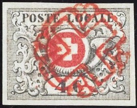 1849: 4 C. schwarz/rot, sogenannte Waadt 4, sauber entwertet mit roter Rosette; sehr breitrandig, jedoch repariert, linker Rand angesetzt, die anderen Ränder ebenfalls korrigiert; ein gut präsentierendes Stück, Attest Moser; Kat: 27‘000.-
